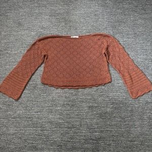 Zara Sweater Women Medium Burn Orange Crochet Open Knit Cropped Bell Sleeve Boho